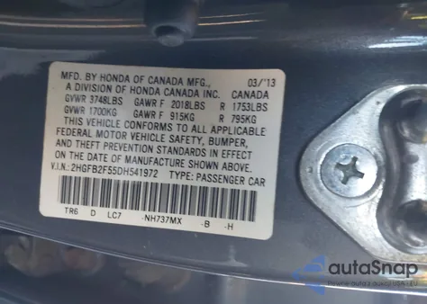 2013 Honda Civic Lx из США, поврежденный, VIN 2HGFB2F55DH541972